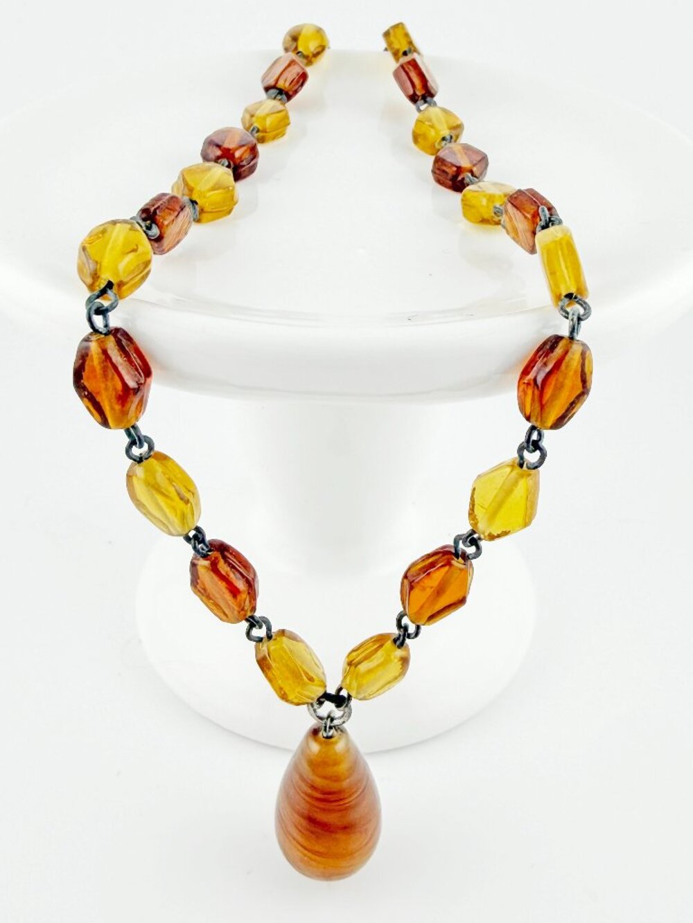 Vintage Amber Glass Beaded Teardrop Statement Necklace - 16"